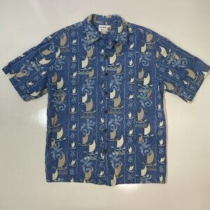 Vintage Iolani Mens Hawaiian Shirt Large Blue Sailboat Button Hokule Cotton RARE